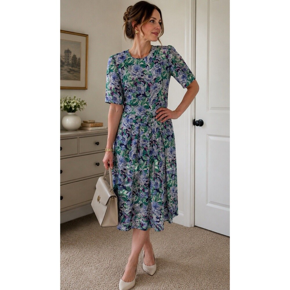 100% SILK 80s VTG Maggy London Petites Floral Watercolor Midi Dress Romantic 2P